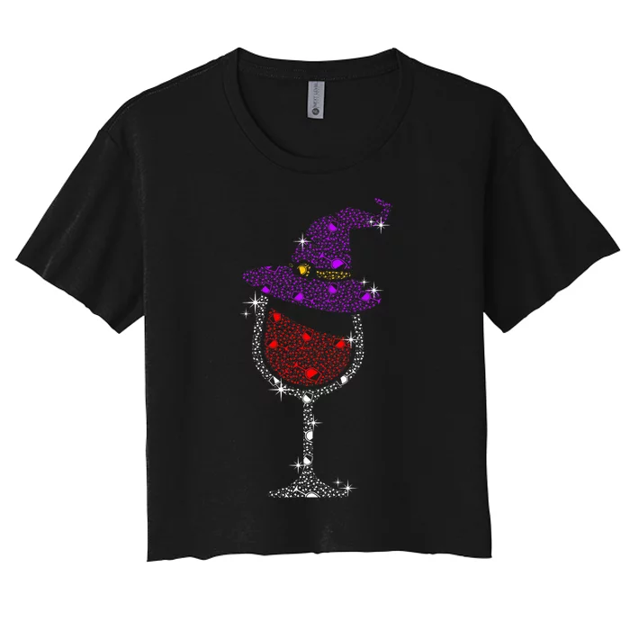 Wine Glass Witch Bling Rhinestone Halloween Spooky Party Women's Crop Top Tee