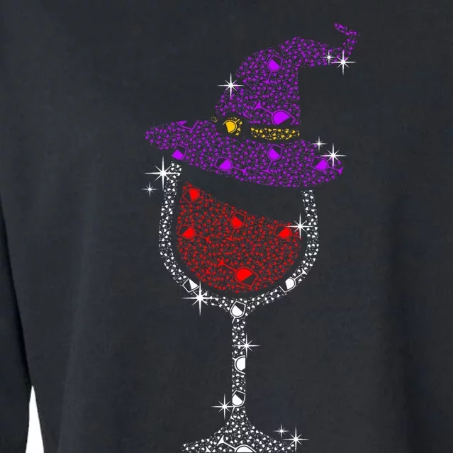 Wine Glass Witch Bling Rhinestone Halloween Spooky Party Cropped Pullover Crew