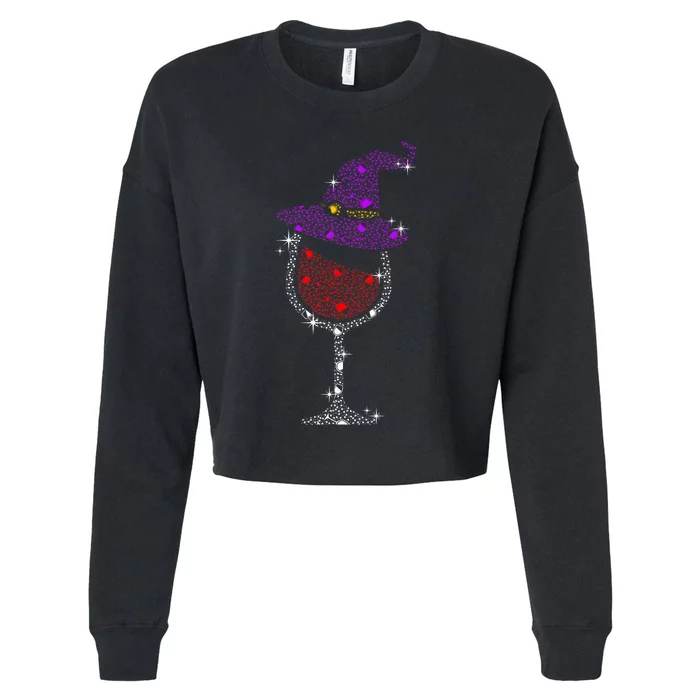 Wine Glass Witch Bling Rhinestone Halloween Spooky Party Cropped Pullover Crew