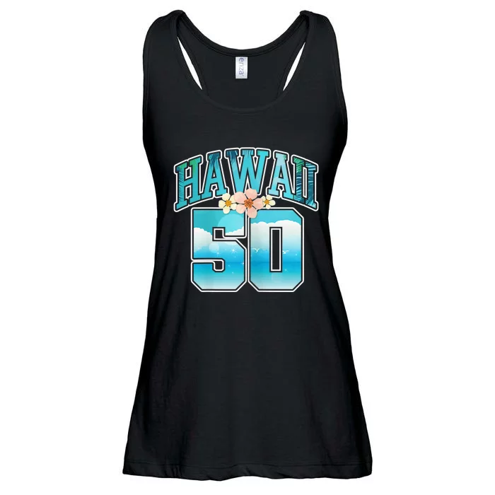 Wo Hawaii 50 50th Birthday Hawaiian Aloha Beach Hibiscus Ladies Essential Flowy Tank