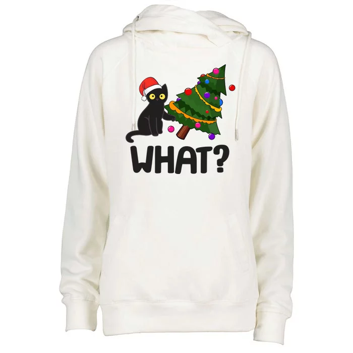 What? Bad Cat Knocking Over Christmas Tree Womens Funnel Neck Pullover Hood