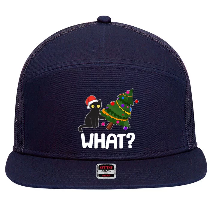 What? Bad Cat Knocking Over Christmas Tree 7 Panel Mesh Trucker Snapback Hat