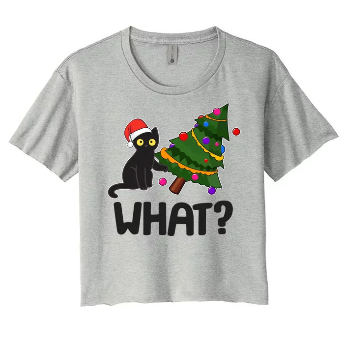 What? Bad Cat Knocking Over Christmas Tree Women's Crop Top Tee