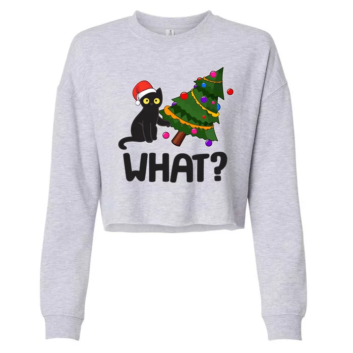 What? Bad Cat Knocking Over Christmas Tree Cropped Pullover Crew