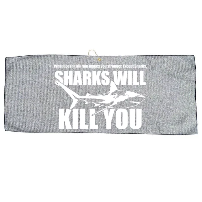 What Doesn't Kill You Makes You Stronger Except Sharks Large Microfiber Waffle Golf Towel