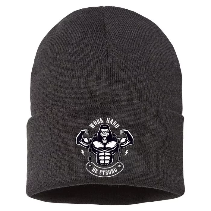 Work Hard be Strong Gorilla Silverback Monkey Ape Gift Sustainable Knit Beanie