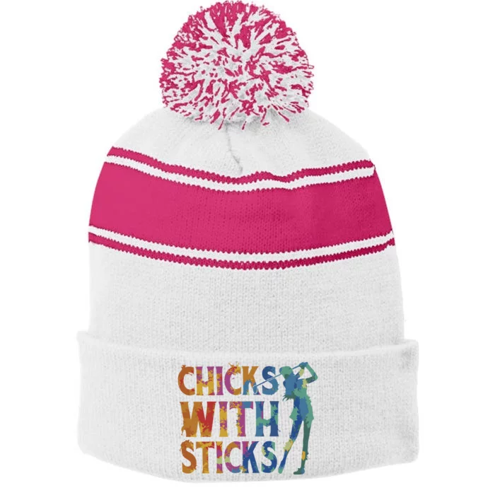 Watercolor Heart Beat Chicks With Sticks Stripe Pom Pom Beanie