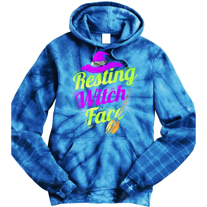 Witch Hat Broom Halloween Resting Witch Face Gift Tie Dye Hoodie