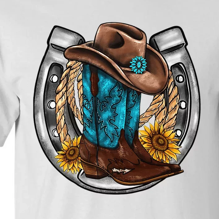 Western Horseshoe Cow Boots Hat Rope Sunflower Rodeo Dad Tall T-Shirt