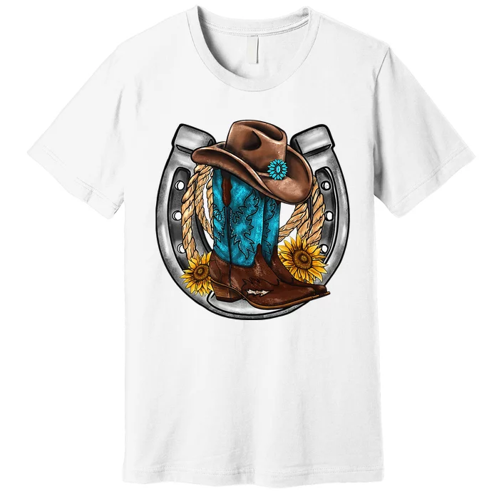 Western Horseshoe Cow Boots Hat Rope Sunflower Rodeo Dad Premium T-Shirt