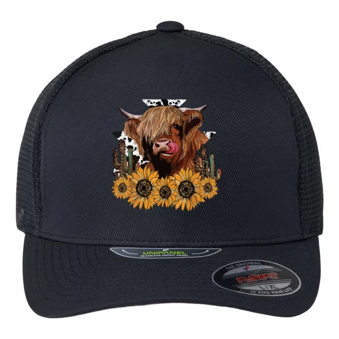 Western Highland Cow With Sunflower And Cactus Leopard Cow Flexfit Unipanel Trucker Cap