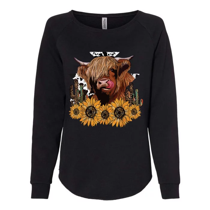 Western Highland Cow With Sunflower And Cactus Leopard Cow Womens California Wash Sweatshirt