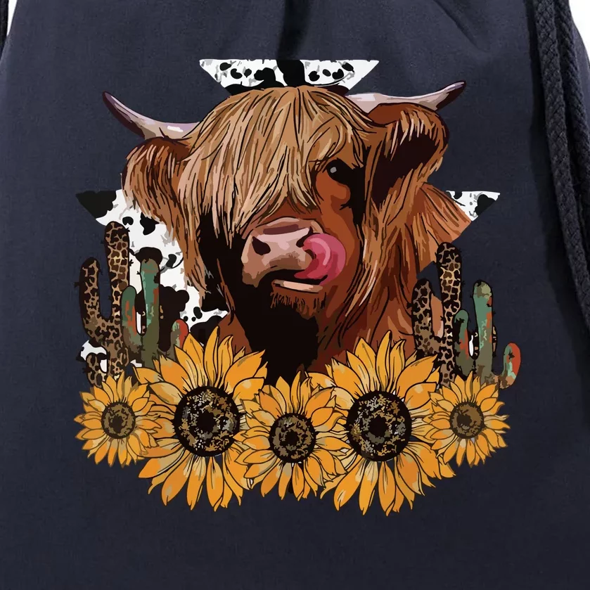 Western Highland Cow With Sunflower And Cactus Leopard Cow Drawstring Bag