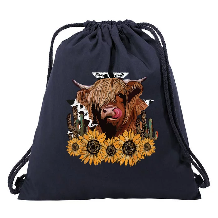 Western Highland Cow With Sunflower And Cactus Leopard Cow Drawstring Bag