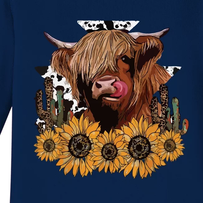 Western Highland Cow With Sunflower And Cactus Leopard Cow Baby Long Sleeve Bodysuit