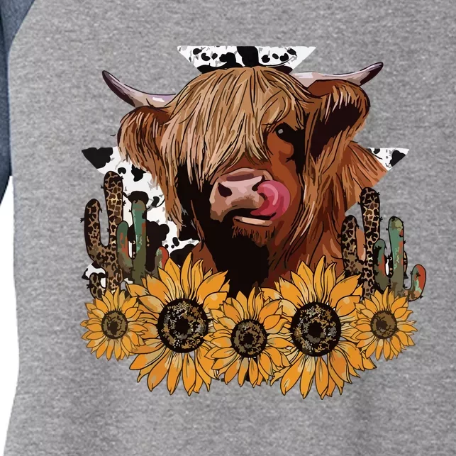 Western Highland Cow With Sunflower And Cactus Leopard Cow Women's Tri-Blend 3/4-Sleeve Raglan Shirt