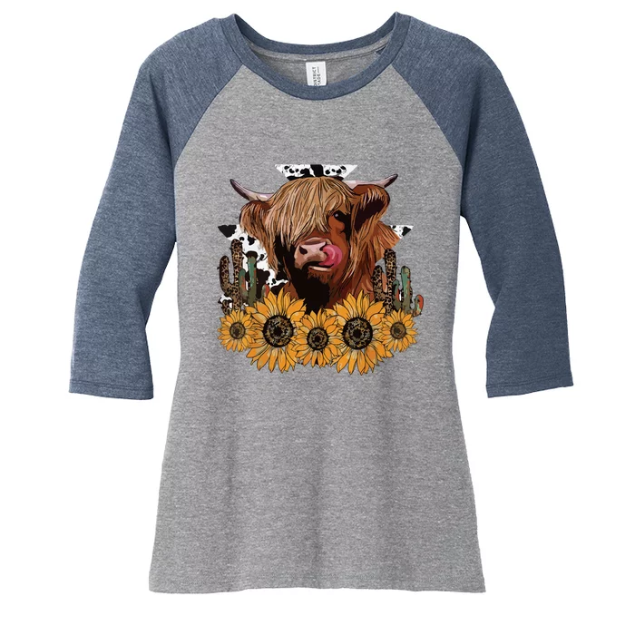 Western Highland Cow With Sunflower And Cactus Leopard Cow Women's Tri-Blend 3/4-Sleeve Raglan Shirt