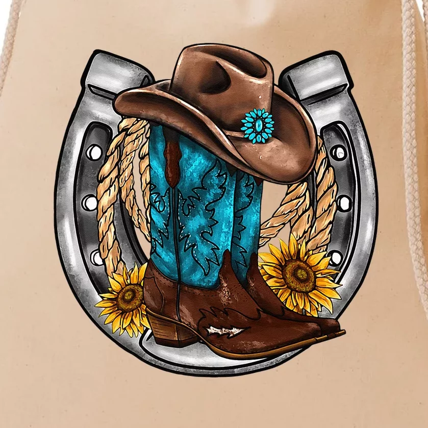 Western Horseshoe Cowboy Boots Hat Rope Sunflower Rodeo Dad Drawstring Bag