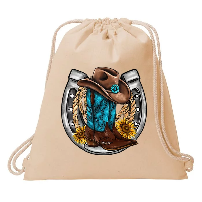 Western Horseshoe Cowboy Boots Hat Rope Sunflower Rodeo Dad Drawstring Bag