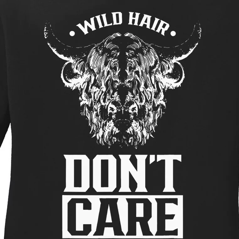 Wild Hair Don't Care Highland Cattle Cow Scottish Animal Ladies Long Sleeve Shirt