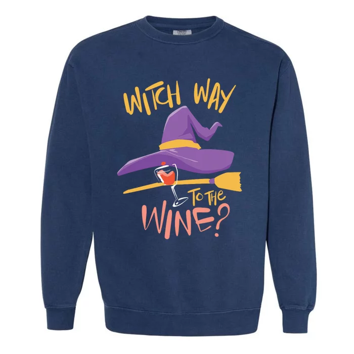 Women Halloween Drinking Witch Way To The Wine Long Sleeve Garment-Dyed Sweatshirt