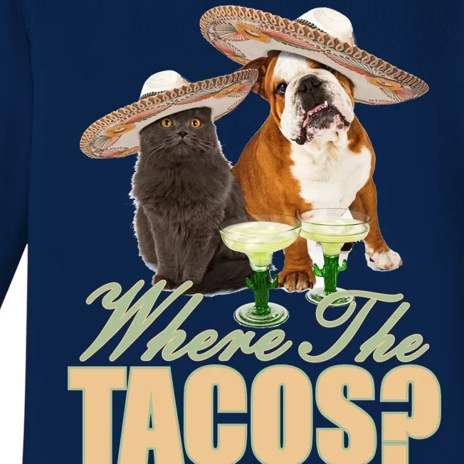 Where The Tacos? Cat Dog Baby Long Sleeve Bodysuit