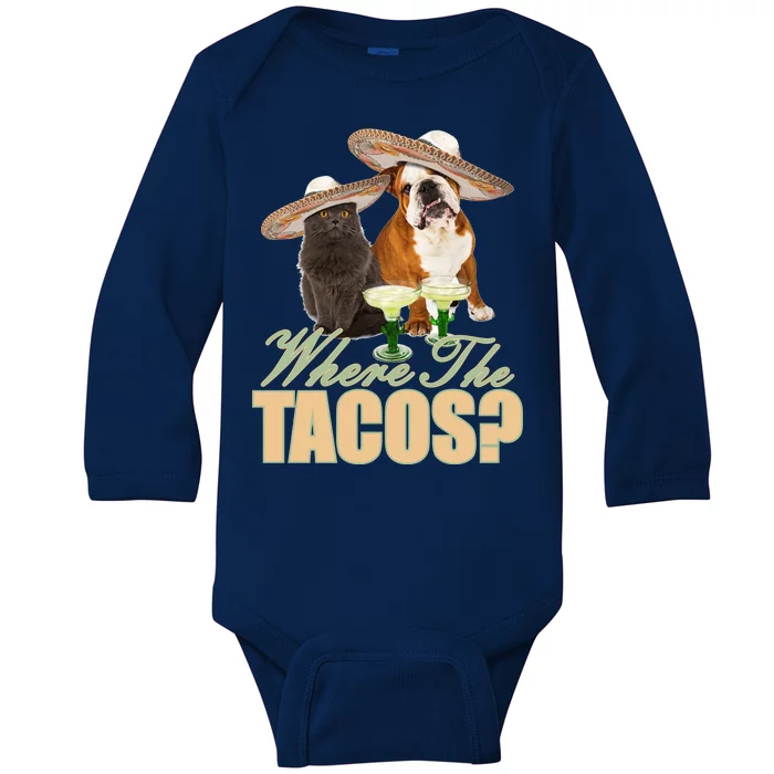 Where The Tacos? Cat Dog Baby Long Sleeve Bodysuit