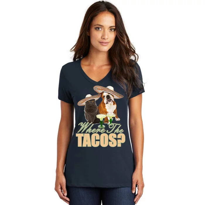 Where The Tacos? Cat Dog Women's V-Neck T-Shirt