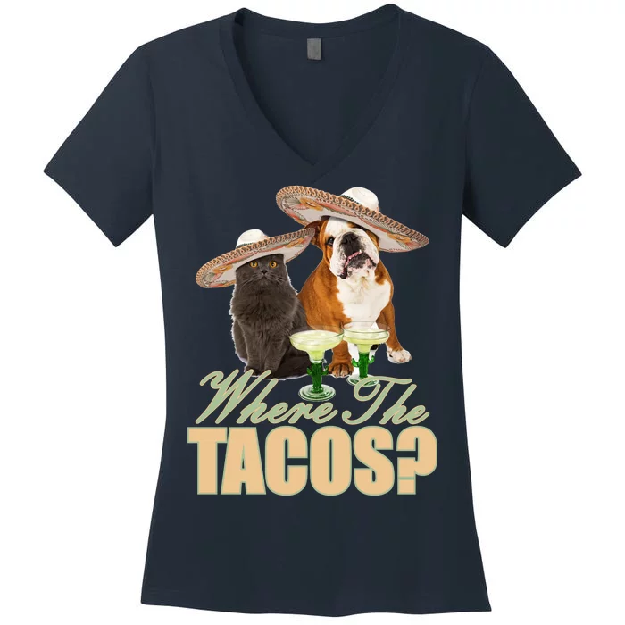 Where The Tacos? Cat Dog Women's V-Neck T-Shirt