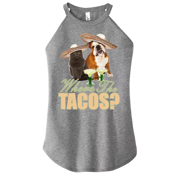 Where The Tacos? Cat Dog Women’s Perfect Tri Rocker Tank