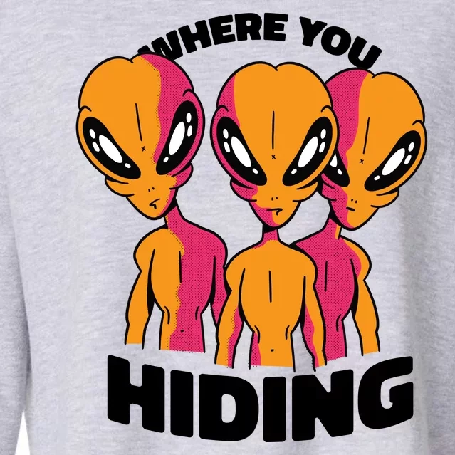 Where You Hiding Creepy Aliens Cropped Pullover Crew