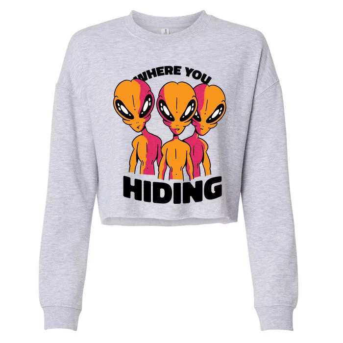 Where You Hiding Creepy Aliens Cropped Pullover Crew