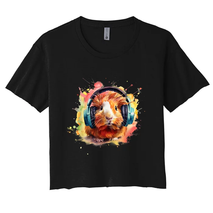 Watercolor Headphones Funny Guinea Pig Women's Crop Top Tee