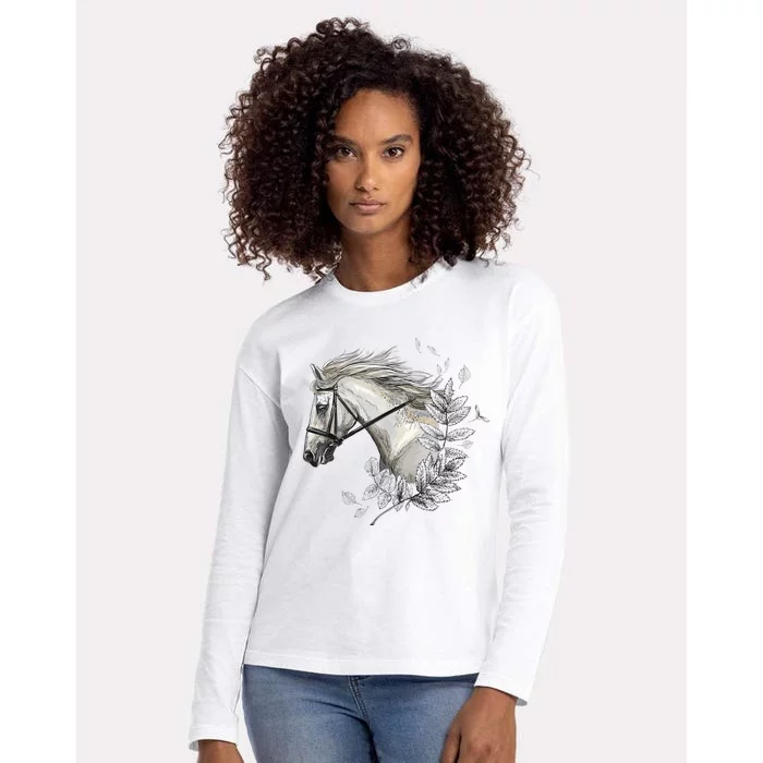 White Horse For Horses Lovers Floral Art Wo Womens Cotton Relaxed Long Sleeve T-Shirt