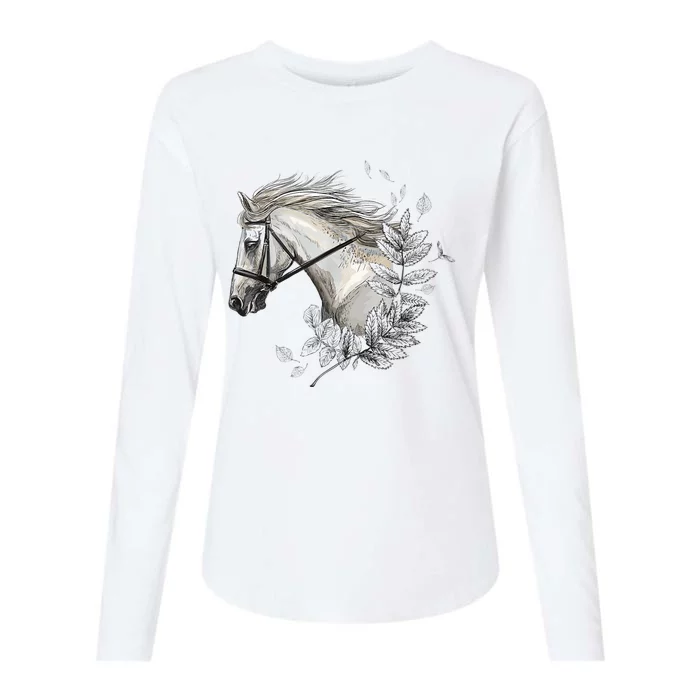 White Horse For Horses Lovers Floral Art Wo Womens Cotton Relaxed Long Sleeve T-Shirt