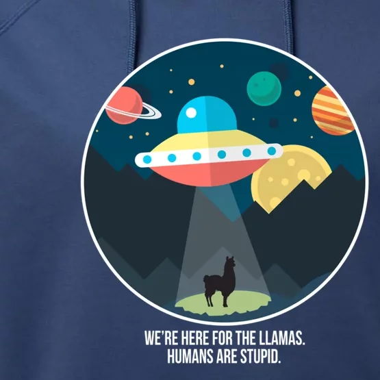 Were Here For The Llamas Hu Are Stupid Great Gift Performance Fleece Hoodie