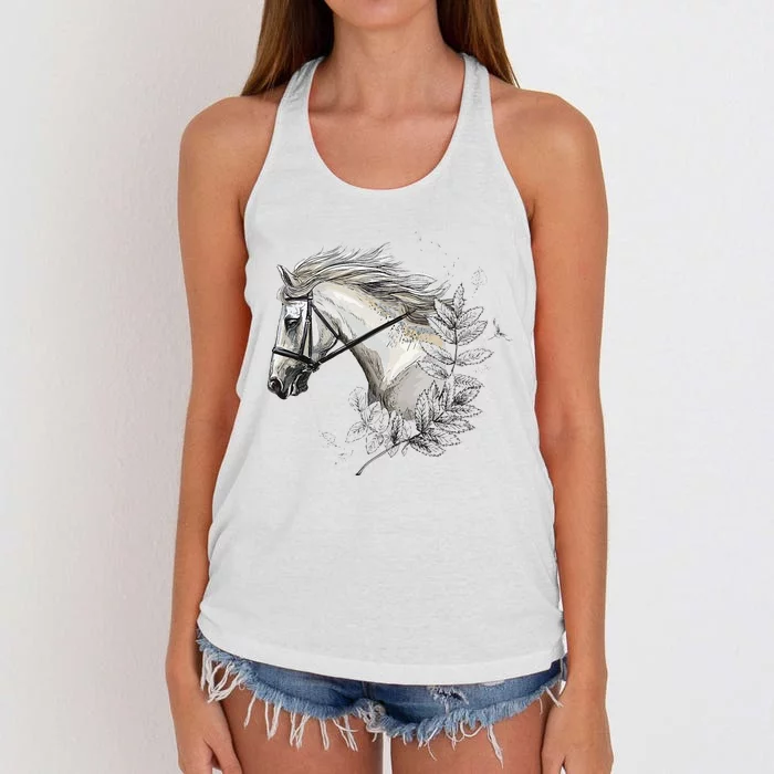 White Horse for Horses Lovers Floral Women's Knotted Racerback Tank