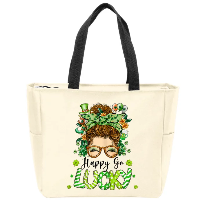 Womens Happy Go Lucky Messy Bun Shamrock St Patrick's Day Zip Tote Bag