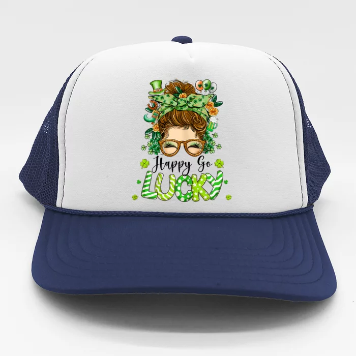 Womens Happy Go Lucky Messy Bun Shamrock St Patrick's Day Trucker Hat