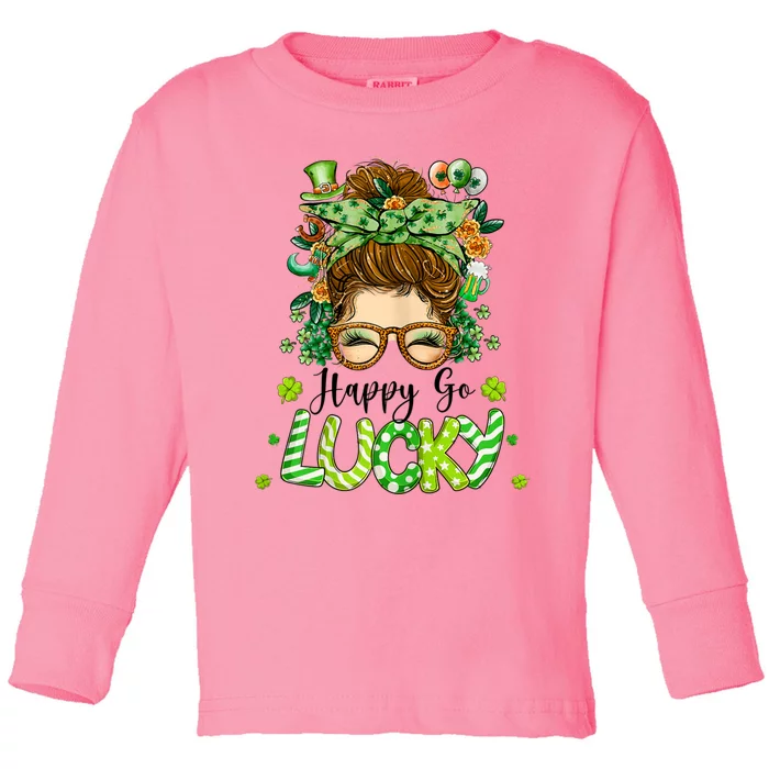 Womens Happy Go Lucky Messy Bun Shamrock St Patrick's Day Toddler Long Sleeve Shirt