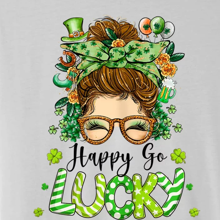 Womens Happy Go Lucky Messy Bun Shamrock St Patrick's Day ChromaSoft Performance T-Shirt