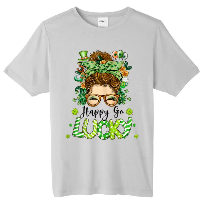 Womens Happy Go Lucky Messy Bun Shamrock St Patrick's Day ChromaSoft Performance T-Shirt