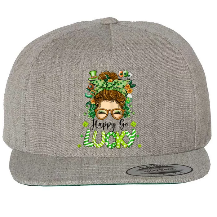 Womens Happy Go Lucky Messy Bun Shamrock St Patrick's Day Wool Snapback Cap