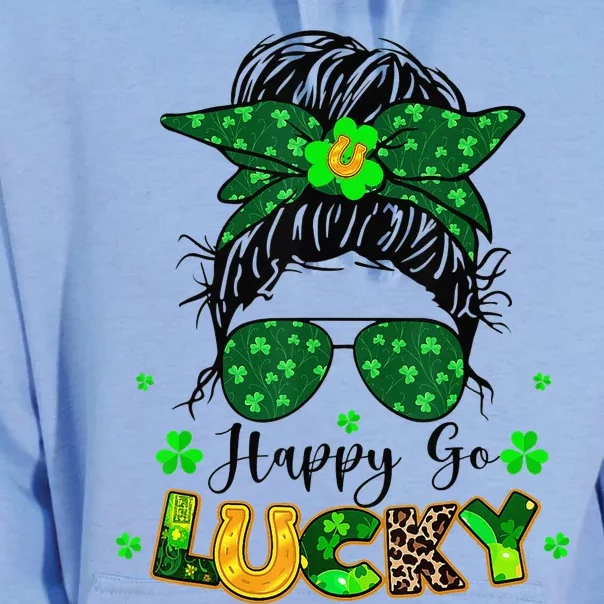 Women Happy Go Lucky Messy Bun Shamrock St Patrick's Day Unisex Surf Hoodie