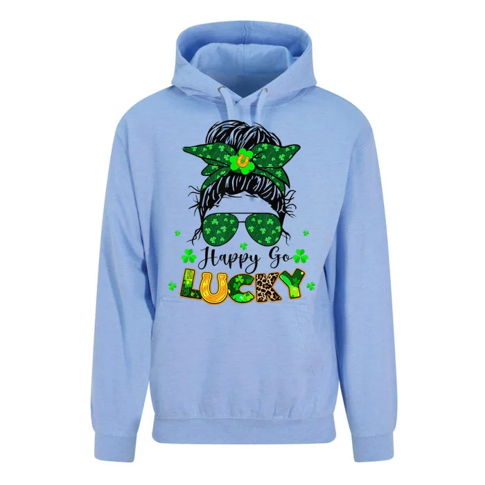 Women Happy Go Lucky Messy Bun Shamrock St Patrick's Day Unisex Surf Hoodie