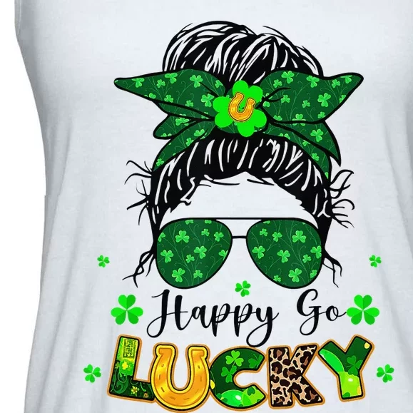 Women Happy Go Lucky Messy Bun Shamrock St Patrick's Day Ladies Essential Flowy Tank