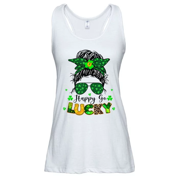 Women Happy Go Lucky Messy Bun Shamrock St Patrick's Day Ladies Essential Flowy Tank