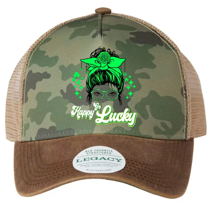 Wo Happy Go Lucky Messy Bun Shamrock St Patrick's Day Cute Gift Legacy Tie Dye Trucker Hat