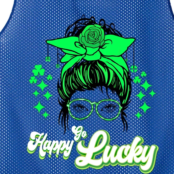 Wo Happy Go Lucky Messy Bun Shamrock St Patrick's Day Cute Gift Mesh Reversible Basketball Jersey Tank