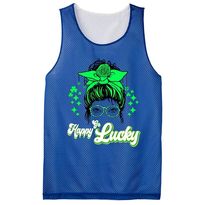 Wo Happy Go Lucky Messy Bun Shamrock St Patrick's Day Cute Gift Mesh Reversible Basketball Jersey Tank